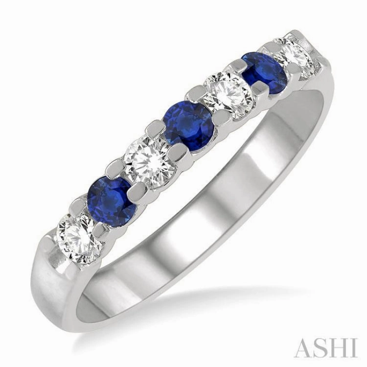 Sleek Look Rectangular Form 3 MM Sapphire and 3/8 Ctw Round Cut Diamond Precious Wedding Band in 14K White Gold