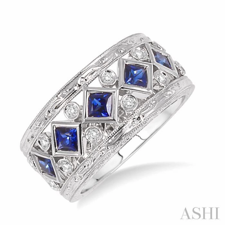 Holiday Festivity 3x3 MM Princess Cut Sapphire and 1/4 ctw Round Cut Diamond Precious Fashion Ring in 14K White Gold