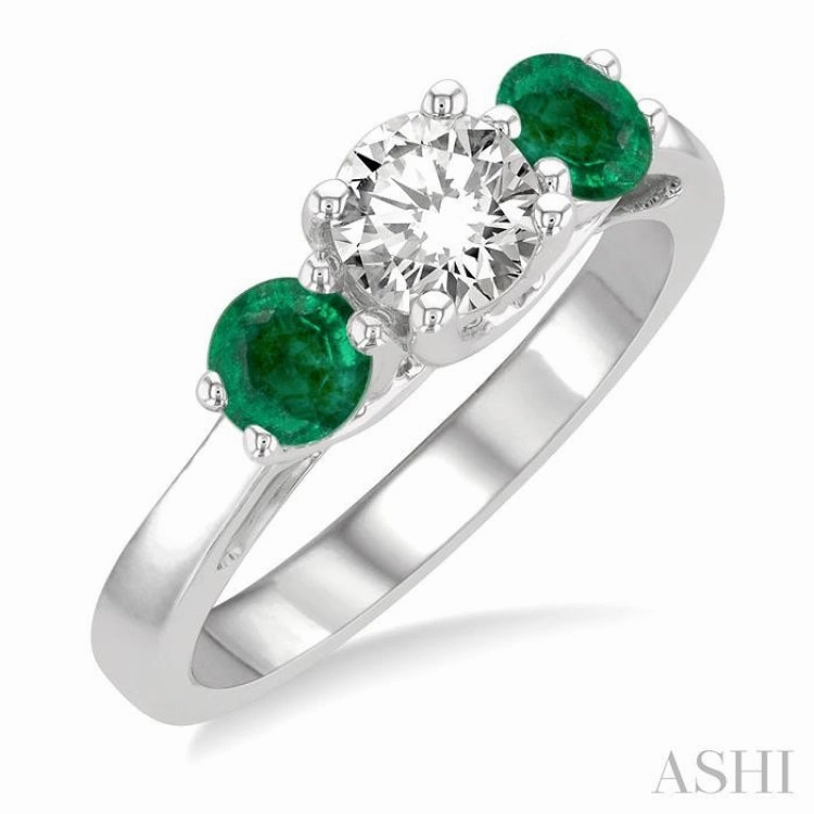 Fashionable Design 4.30 MM Round Shape Emerald and 5/8 Ctw Past, Present and Future Round Cut Diamond Precious Ring in 14K White Gold