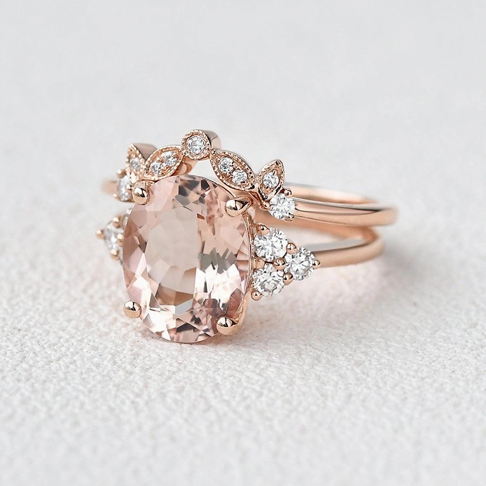 Rural Elegance 4.75ct Oval Cut Peachy Morganite Rose Gold Ring Set 2pcs