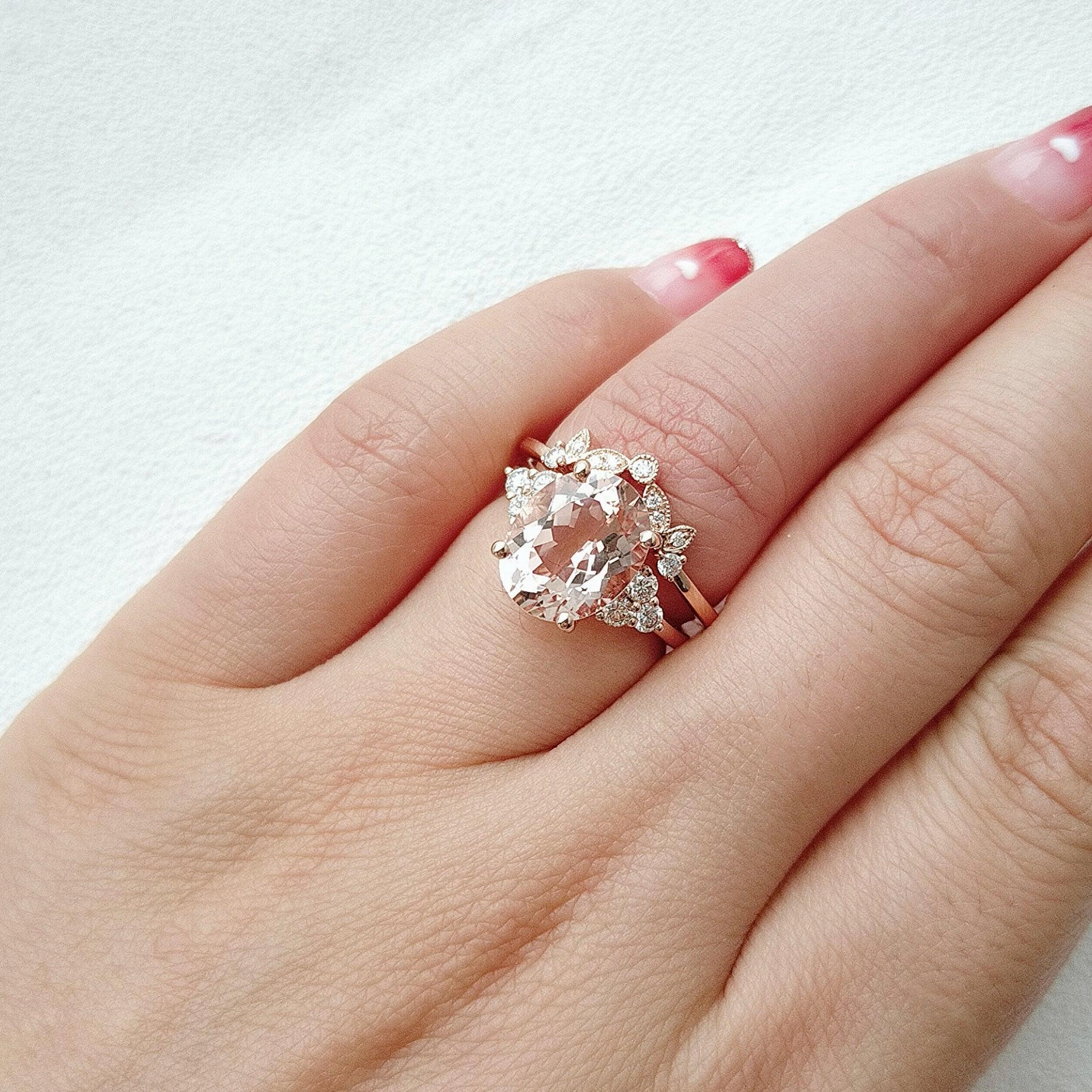 4.75ct Oval Cut Peachy Morganite Rose Gold Ring Set 2pcs Branded Statement Beautiful Statement