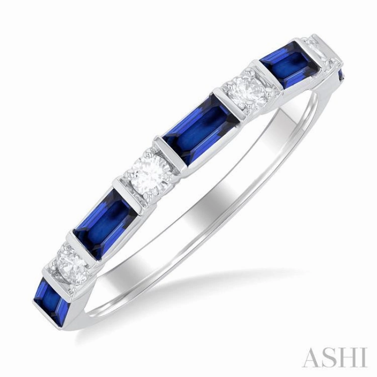 4X2 MM Baguette Cut Sapphire and 1/5 Ctw Art Deco Round Cut Diamond Precious Band in 14K White Gold Compact Fit Strong Work