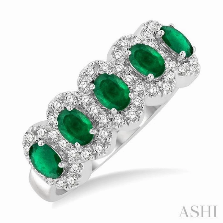 Designer Item Statement Touch 4x3 MM Oval Cut Emerald and 1/3 Ctw Round Cut Diamond Precious Wedding Band in 14K White Gold