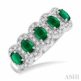 Designer Item Statement Touch 4x3 MM Oval Cut Emerald and 1/3 Ctw Round Cut Diamond Precious Wedding Band in 14K White Gold