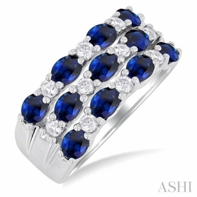 4X3 MM Oval Cut Sapphire and 3/8 ctw East-West Round Cut Diamond Wide Precious Band in 14K White Gold Gentle Motion