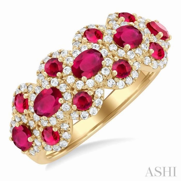 4X3 MM Oval Shape & 2.2 MM and 1/2 Ctw Round Cut Ruby and Round Cut Diamond Scalloped Edge Precious Ring in 14K Yellow Gold Youthful Accessory Secure Gift