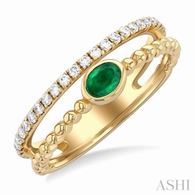 Artisan Craft Classic Token 4x3 MM Oval Shape Emerald and 1/5 Ctw Single Cut Diamonds Precious Fashion Split Twin Ring in 10K Yellow Gold