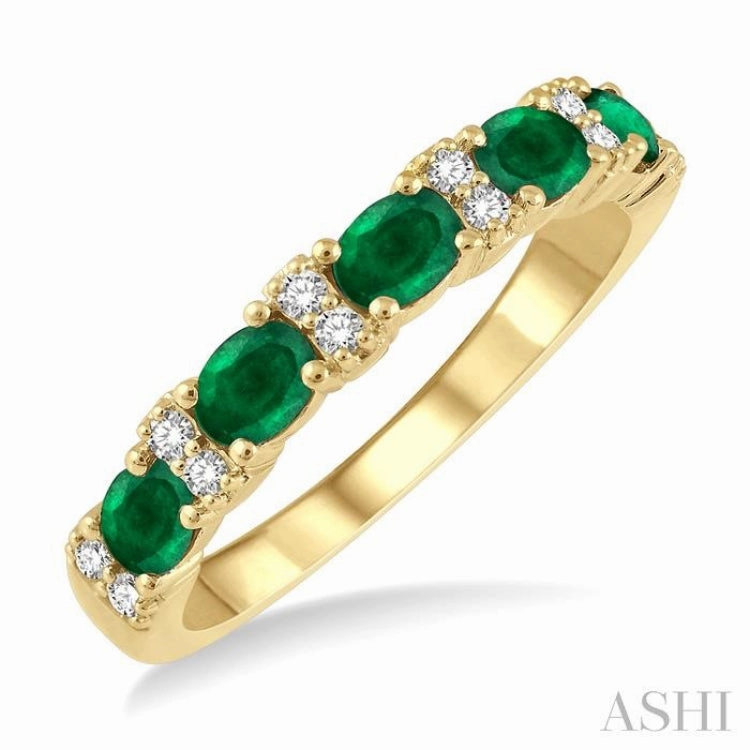 Durable Expression 4x3 MM Oval Shape Emerald and 1/6 Ctw Round Cut Diamond Precious Band in 14K Yellow Gold