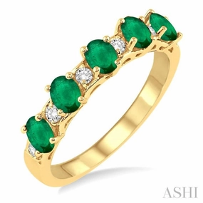 4x3 MM Oval Shape Emerald and 1/6 ctw Round Cut Diamond Precious Band in 14K Yellow Gold Classic Piece