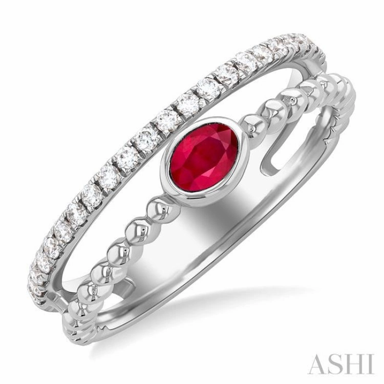 4x3 MM Oval Shape Ruby and 1/5 Ctw Single Cut Diamonds Precious Fashion Split Twin Ring in 10K White Gold Smart Accessory