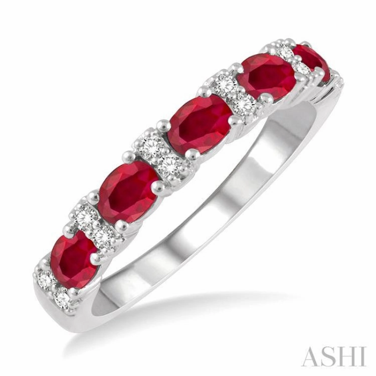4x3 MM Oval Shape Ruby and 1/6 Ctw Round Cut Diamond Precious Band in 14K White Gold Romantic Product Premium Jewelry