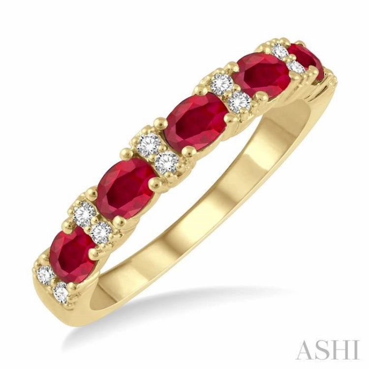 4x3 MM Oval Shape Ruby and 1/6 Ctw Round Cut Diamond Precious Band in 14K Yellow Gold Modern Craft Autumn Gift