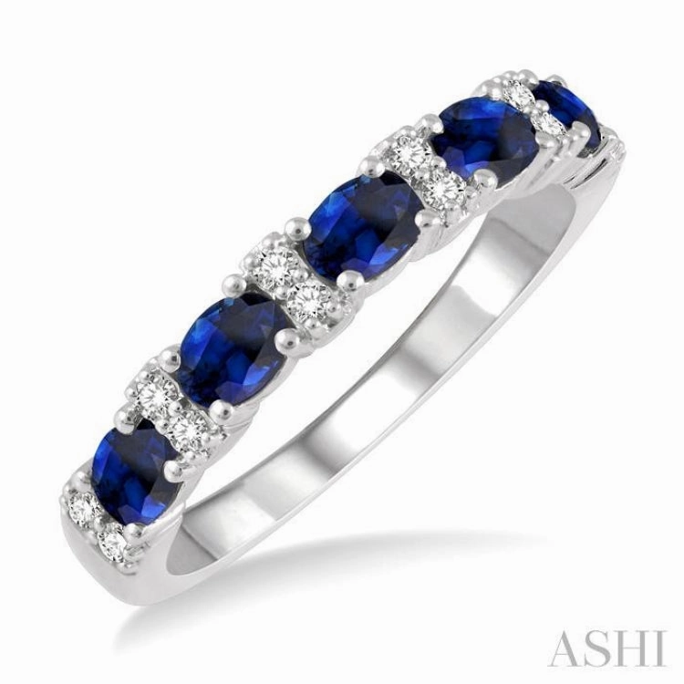 4x3 MM Oval Shape Sapphire and 1/6 Ctw Round Cut Diamond Precious Band in 14K White Gold Bright Accent Versatile Shine