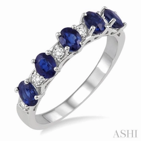 Material Thing Exclusive item 4x3 MM Oval Shape Sapphire and 1/6 ctw Round Cut Diamond Precious Band in 14K White Gold