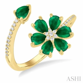 Lightweight Look 4X3 MM Pear Cut Floral Blossom Emerald and 1/10 ctw Round Cut Diamond Open Precious Ring in 14K Yellow Gold