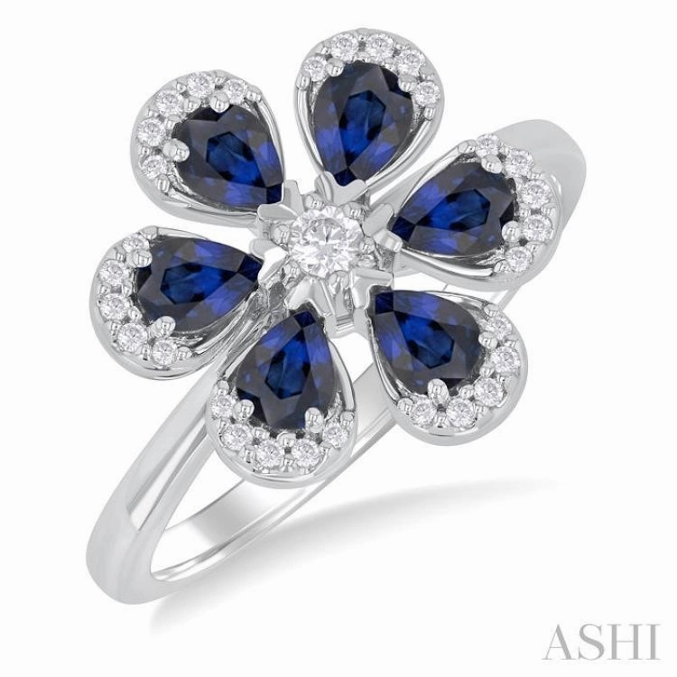 Wonderful Art Event Piece 4X3 MM Pear Cut Floral Blossom Sapphire and 1/6 Ctw Round Cut Diamond Precious Fashion Ring in 14K White Gold