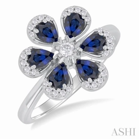 Wonderful Art Event Piece 4X3 MM Pear Cut Floral Blossom Sapphire and 1/6 Ctw Round Cut Diamond Precious Fashion Ring in 14K White Gold