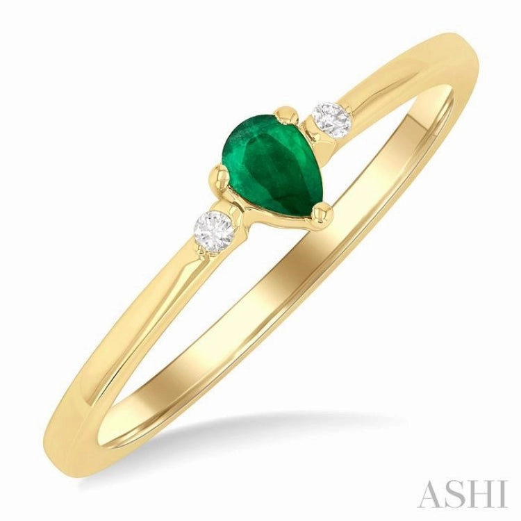4x3 MM Pear Shape Emerald and 1/50 Ctw Petite Round Cut Diamond Fashion Ring in 10K Yellow Gold Lightweight Article Custom product