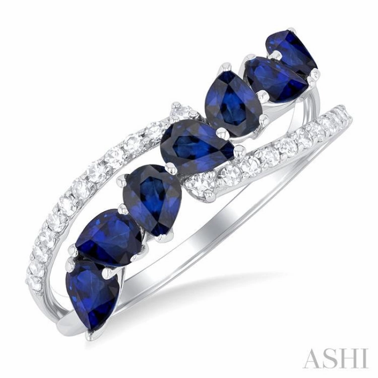 Festival wear Delicate Trinket 4x3 MM Pear Shape Sapphire and 1/6 Ctw Single Cut Diamond Precious Fashion Ring in 14K White Gold