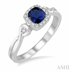 Balanced Design 4x4 MM Cushion Shape Sapphire and 1/10 Ctw Round Cut Diamond Ring in 10K White Gold