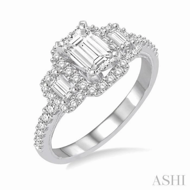 5/8 Ctw Diamond Ladies Engagement Ring with 1/4 Ct Emerald Cut Center Stone in 14K White Gold Graceful Motion Final Product