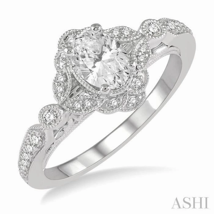 5/8 Ctw Lattice Oval and Round Cut Diamond Ladies Engagement Ring with 3/8 Ct Oval Cut Center Stone in 14K White Gold Contemporary Token Mechanical Movement