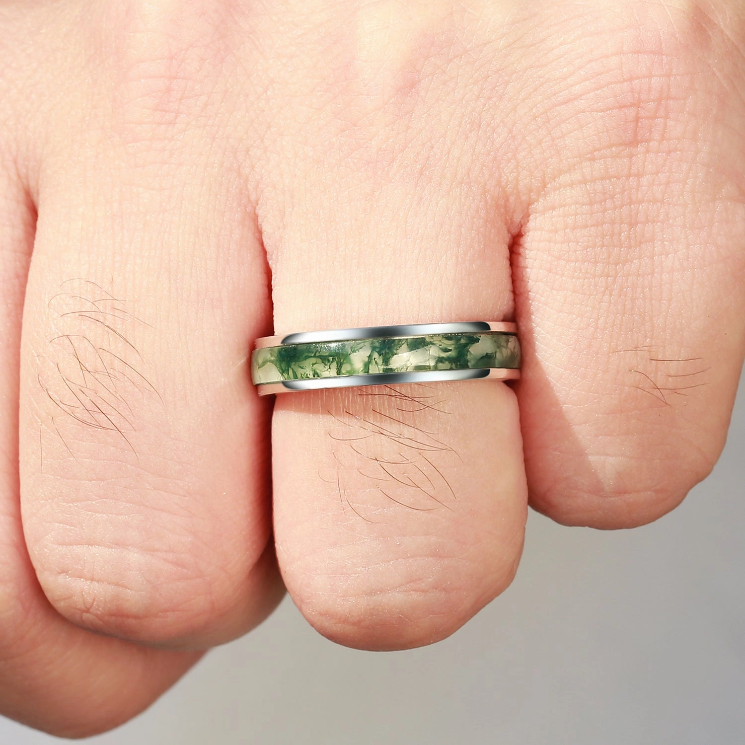 Cozy Style Timeless Favorite 5mm Minimalist Moss Agate Inlay Couple Men's Wedding Band