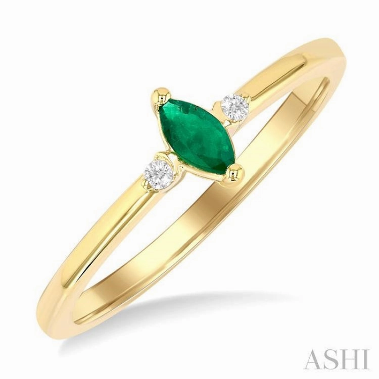 Iconic Accent See Through 5x2.5 MM Marquise Shape Emerald and 1/50 Ctw Petite Round Cut Diamond Fashion Ring in 10K Yellow Gold