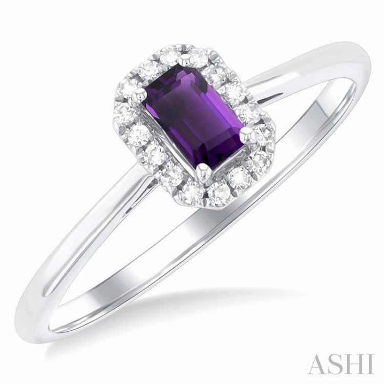 Gentle Simplicity 5x3 MM Octagonal Shape Amethyst and 1/20 Ctw Single Cut Diamond Halo Semi-Precious Ring in 10K White Gold