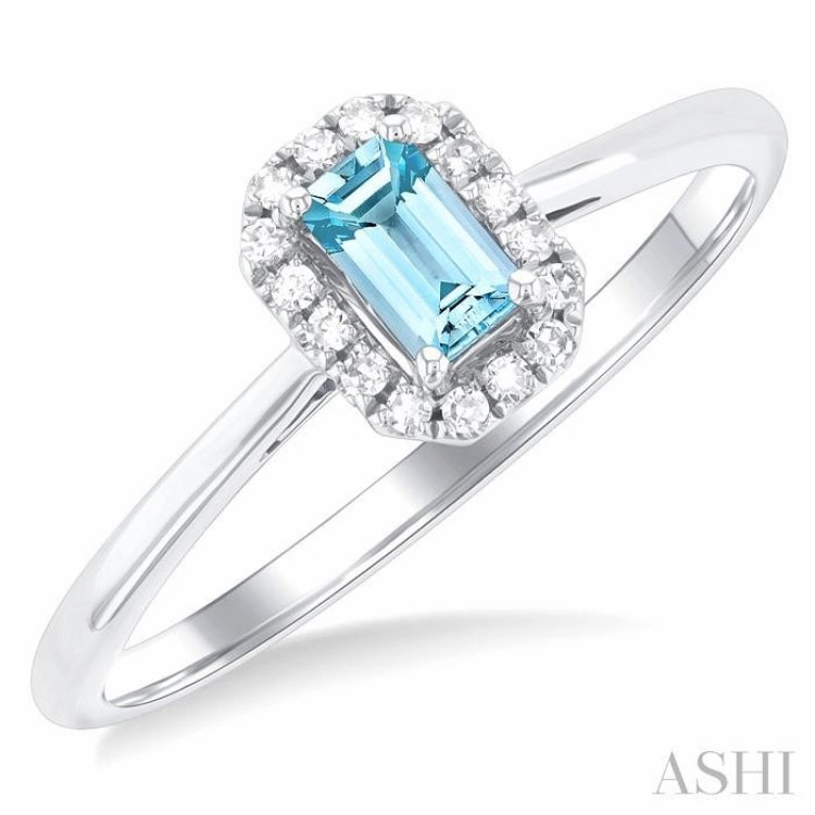 Lasting Memory Modern Wear 5x3 MM Octagonal Shape Aquamarine and 1/20 Ctw Single Cut Diamond Halo Semi-Precious Ring in 10K White Gold