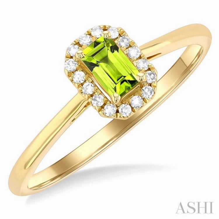 5x3 MM Octagonal Shape Peridot and 1/20 Ctw Single Cut Diamond Halo Semi-Precious Ring in 14K Yellow Gold Creative Product Graceful Harmony