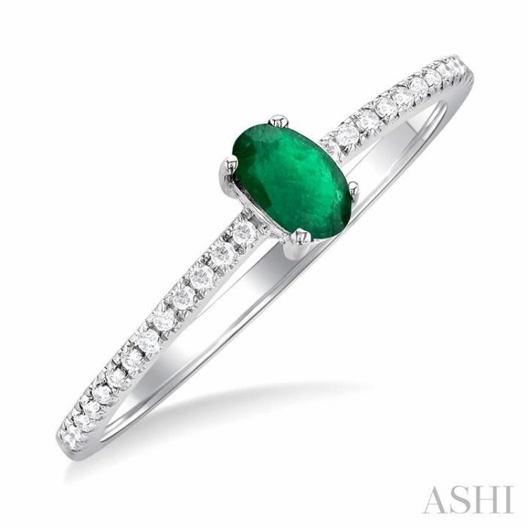 5x3 MM Oval Cut Emerald and 1/10 Ctw Petite Round Cut Diamond Precious Fashion Ring in 10K White Gold Couture Accessory Shiny Statement