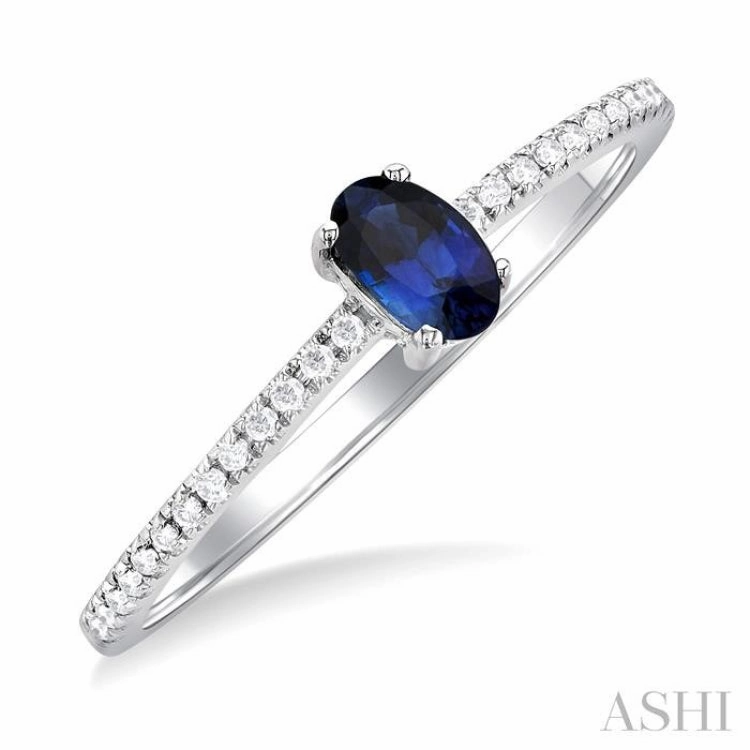 5x3 MM Oval Cut Sapphire and 1/10 Ctw Petite Round Cut Diamond Precious Fashion Ring in 10K White Gold Casual Detail