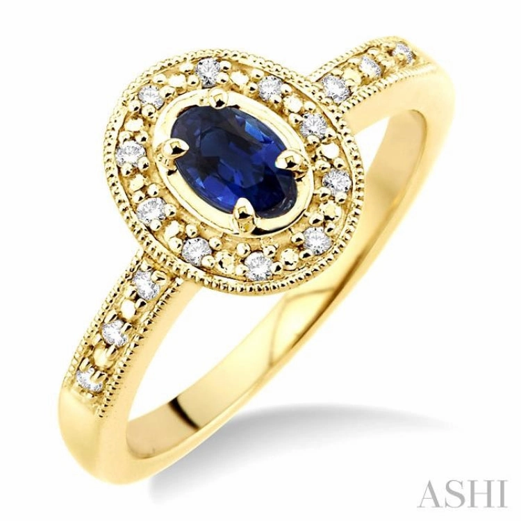 Matching Set Stylish Trinket 5x3 MM oval cut Sapphire and 1/10 Ctw Single Cut Diamond Ring in 14K Yellow Gold.