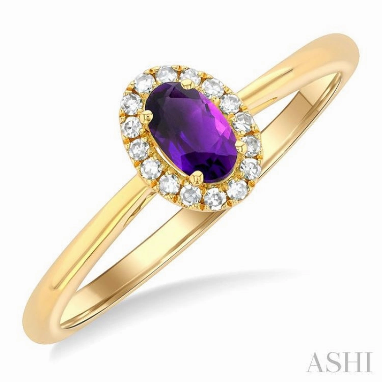 5x3 MM Oval Shape Amethyst and 1/20 Ctw Single Cut Diamond Halo Semi-Precious Ring in 10K Yellow Gold Postmodern Design