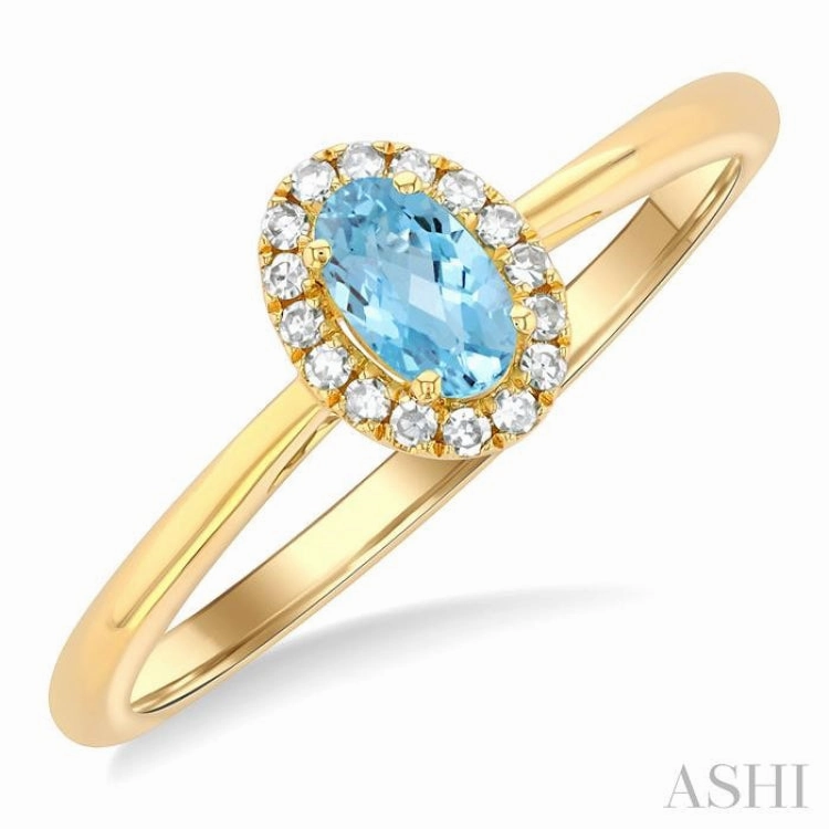 Timeless Balance Wedding Occasion 5x3 MM Oval Shape Aquamarine and 1/20 Ctw Single Cut Diamond Halo Semi-Precious Ring in 10K Yellow Gold