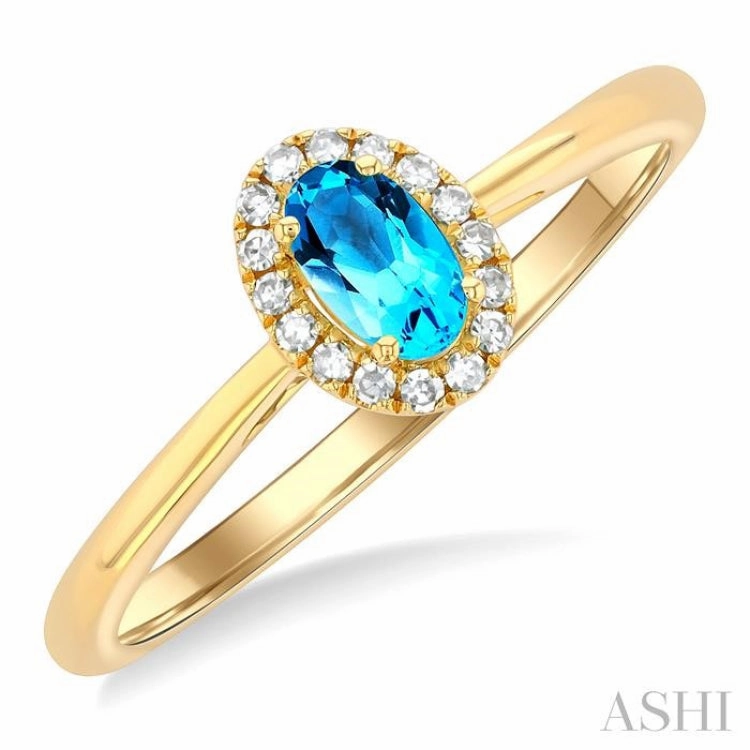 Exchange Option Value Ornament 5x3 MM Oval Shape Blue Topaz and 1/20 Ctw Single Cut Diamond Halo Semi-Precious Ring in 14K Yellow Gold