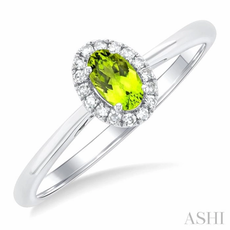5x3 MM Oval Shape Peridot and 1/20 Ctw Single Cut Diamond Halo Semi-Precious Ring in 10K White Gold Statement Spark Sturdy Jewelry