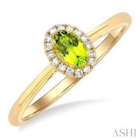 5x3 MM Oval Shape Peridot and 1/20 Ctw Single Cut Diamond Halo Semi-Precious Ring in 14K Yellow Gold Bendable Item