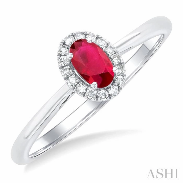 Unique Craft 5x3 MM Oval Shape Ruby and 1/20 Ctw Single Cut Diamond Halo Precious Ring in 14K White Gold
