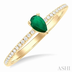 5x3 MM Pear Cut Emerald and 1/10 Ctw Petite Round Cut Diamond Precious Fashion Ring in 10K Yellow Gold Budget Piece