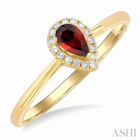 5x3 MM Pear Shape Garnet and 1/20 Ctw Single Cut Diamond Halo Semi-Precious Ring in 14K Yellow Gold Artistic Jewelry