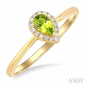 5x3 MM Pear Shape Peridot and 1/20 Ctw Single Cut Diamond Halo Semi-Precious Ring in 10K Yellow Gold Durable Embellishment