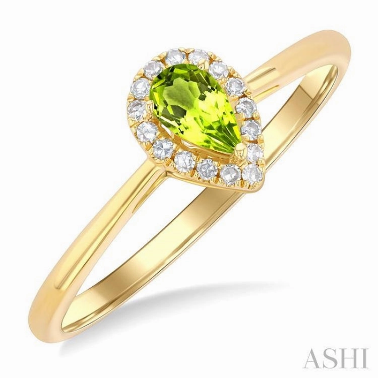 Hand Wash Only 5x3 MM Pear Shape Peridot and 1/20 Ctw Single Cut Diamond Halo Semi-Precious Ring in 14K Yellow Gold