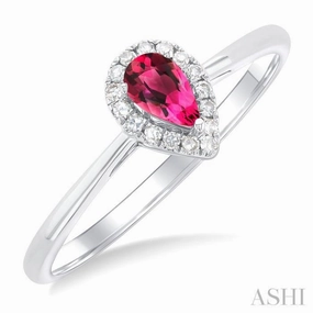 Graceful Accent One Size 5x3 MM Pear Shape Pink Tourmaline and 1/20 Ctw Single Cut Diamond Halo Semi-Precious Ring in 10K White Gold
