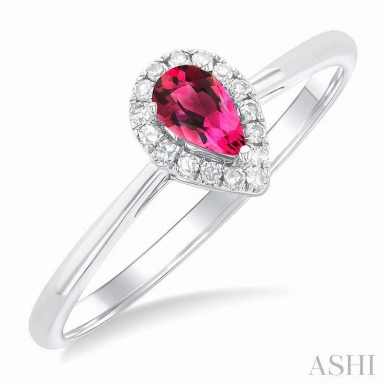 5x3 MM Pear Shape Pink Tourmaline and 1/20 Ctw Single Cut Diamond Halo Semi-Precious Ring in 14K White Gold Fashion Staple