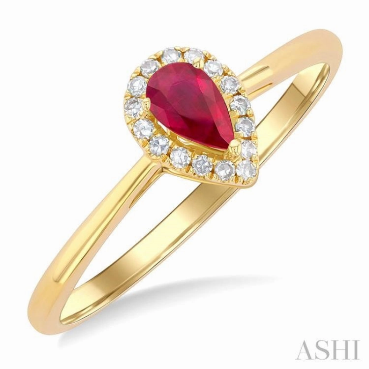 Romantic Object 5x3 MM Pear Shape Ruby and 1/20 Ctw Single Cut Diamond Halo Precious Ring in 10K Yellow Gold