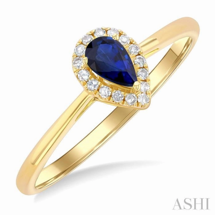 Hypoallergenic Expression 5x3 MM Pear Shape Sapphire and 1/20 Ctw Single Cut Diamond Halo Precious Ring in 10K Yellow Gold