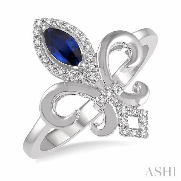 Couple Jewelry 6x3 MM Marquise Shape Sapphire and 1/10 ctw Round Cut Diamond Fleur De Lis Precious Ring in 10K White Gold