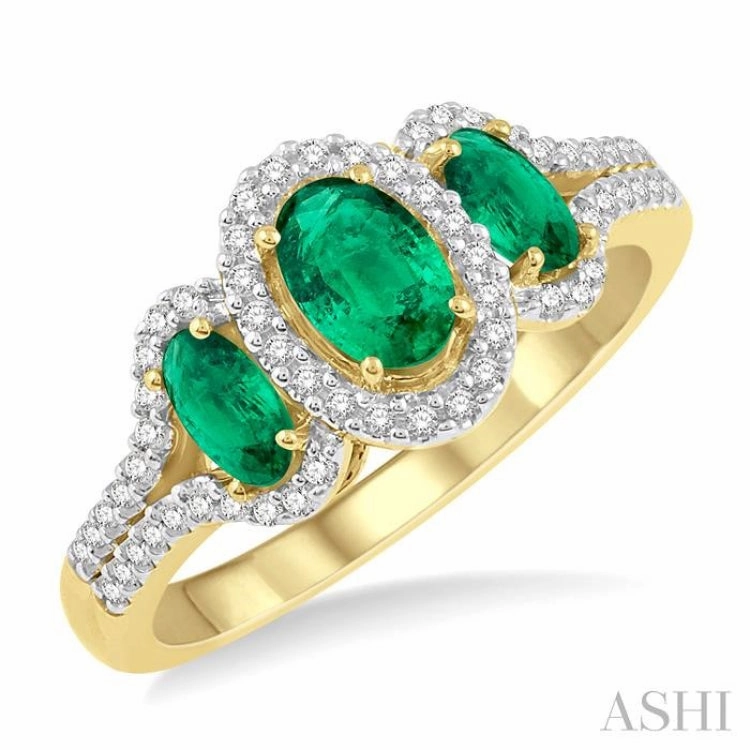 Style Evolution Dainty Touch 6x4 MM & 5x3 MM Triple Oval Shape Emerald and 1/5 ctw Round Cut Diamond Precious Ring in 10K Yellow Gold